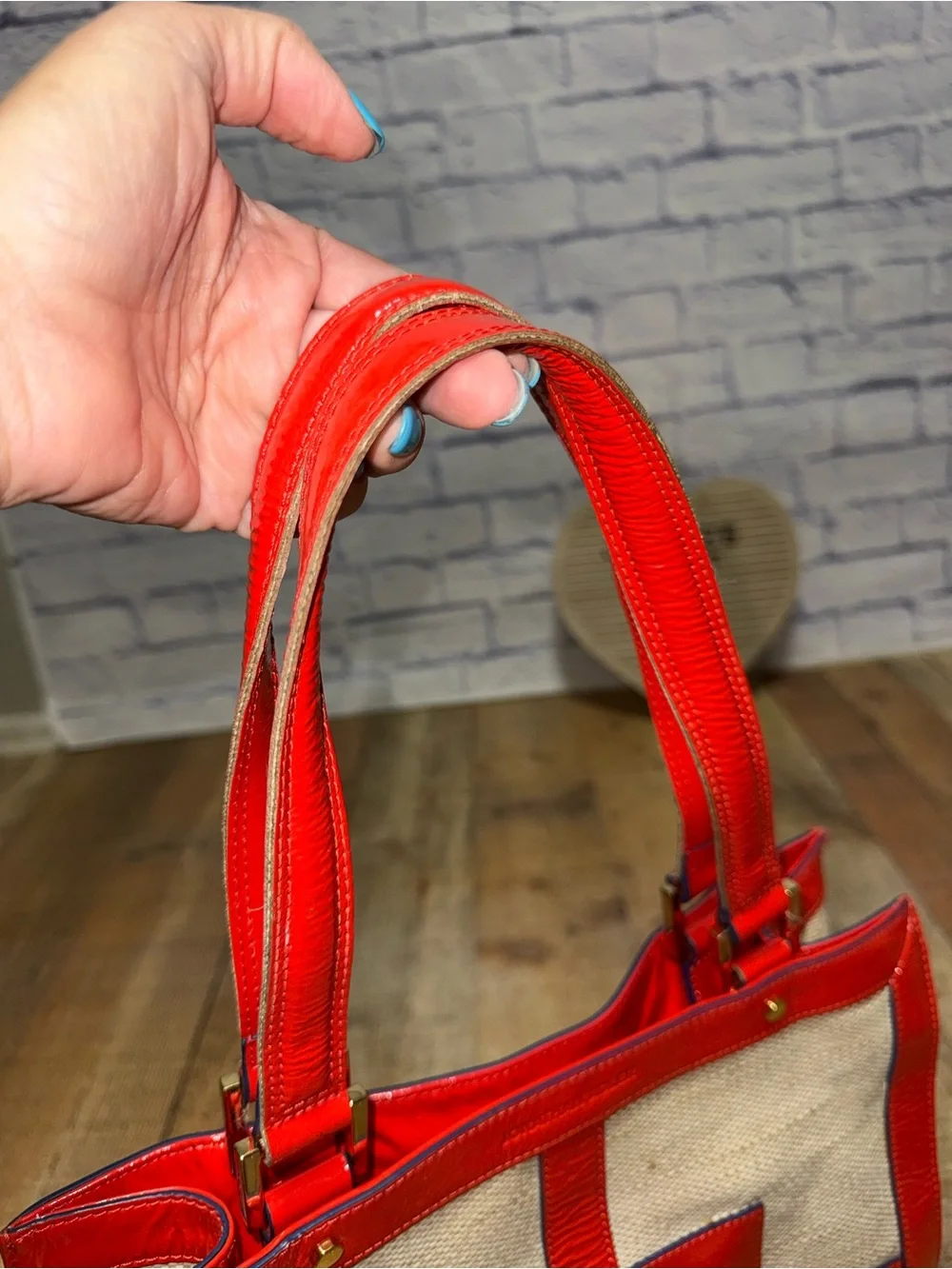 Jonathan Adler Red Patent Leather Trim Linen Cotton Canvas Geometric Tote Bag